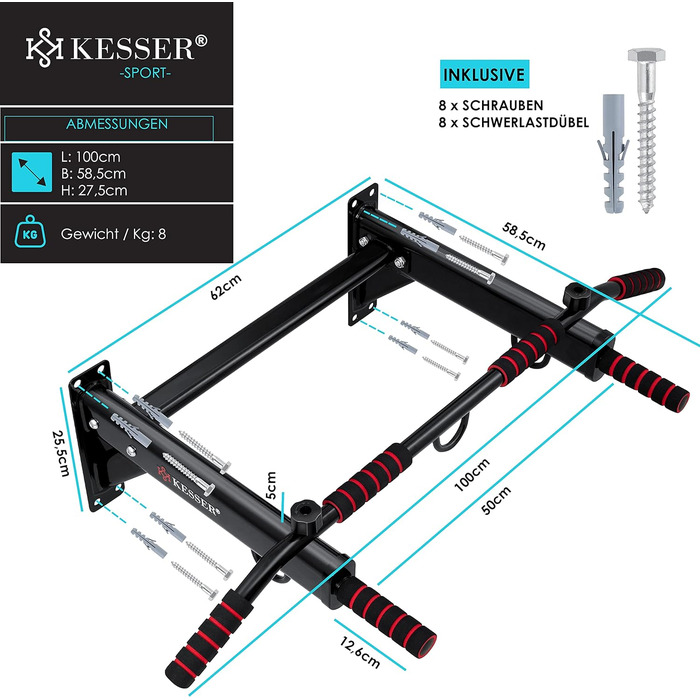 Турнік KESSER 4-в-1 для стіни з нековзкими ручками, для канатів, кілець, боксерських мішків, різні хватки, червоний, домашній тренажер