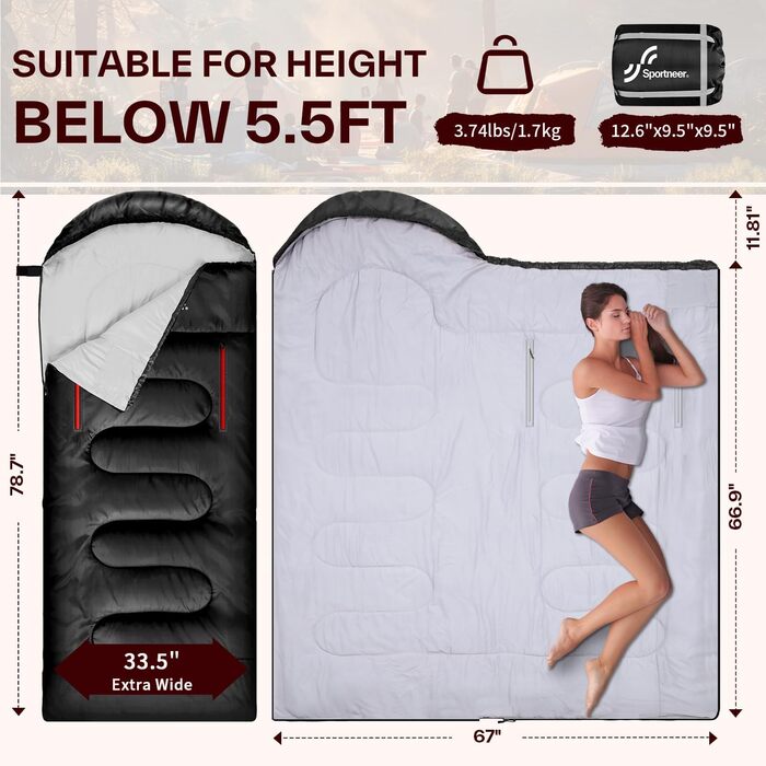 Спальний мішок Sportneer Outdoor 3-4 сезони для дорослих, 200x85см, чорний