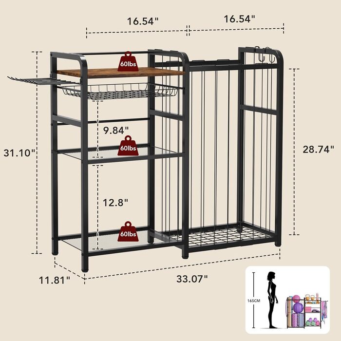 Організатор для домашнього спортзалу Homsorout: полиця для гантелей, йога-килимка, ролика, стрічок та еспандерів