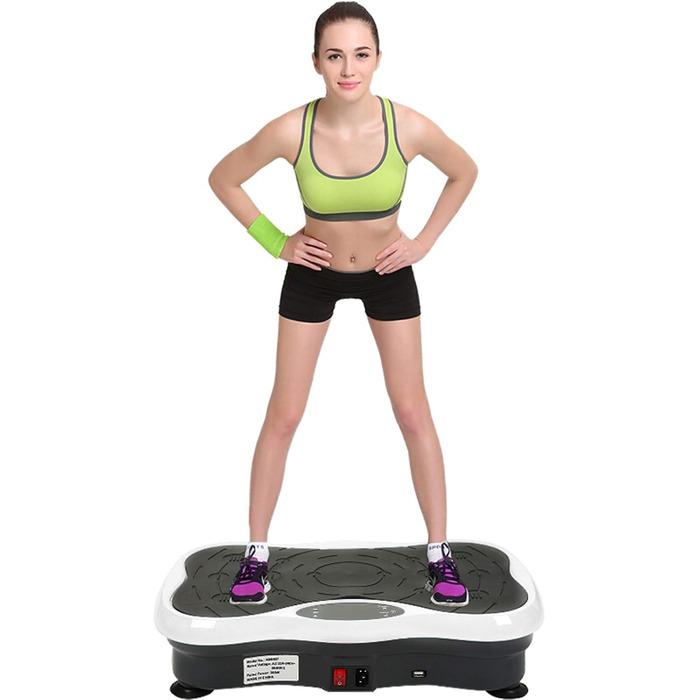 Віброплатформа для фітнесу з Bluetooth та USB, тренувальні гуми, пульт ДУ, чорно-біла