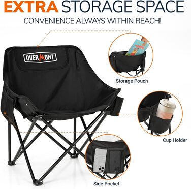 Складний туристичний стілець OVERMONT 2 шт. - до 135 кг, для кемпінгу, саду, балкону, пляжу, риболовлі, чорний