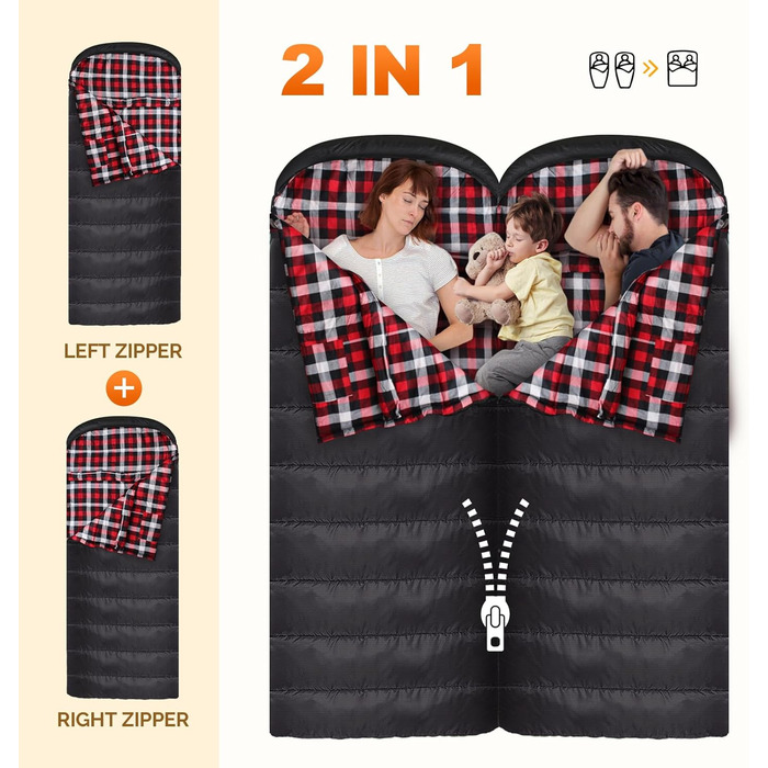 Спальний мішок XXL для дорослих, 3-4 сезони, фланель, кемпінг, зимовий, чорний, 230x90 см