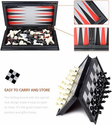 Магнітний шаховий набір Hoshin 3 в 1: шахи, шашки, нарди. Портативний, складаний, для подорожей (25x25x2 см)