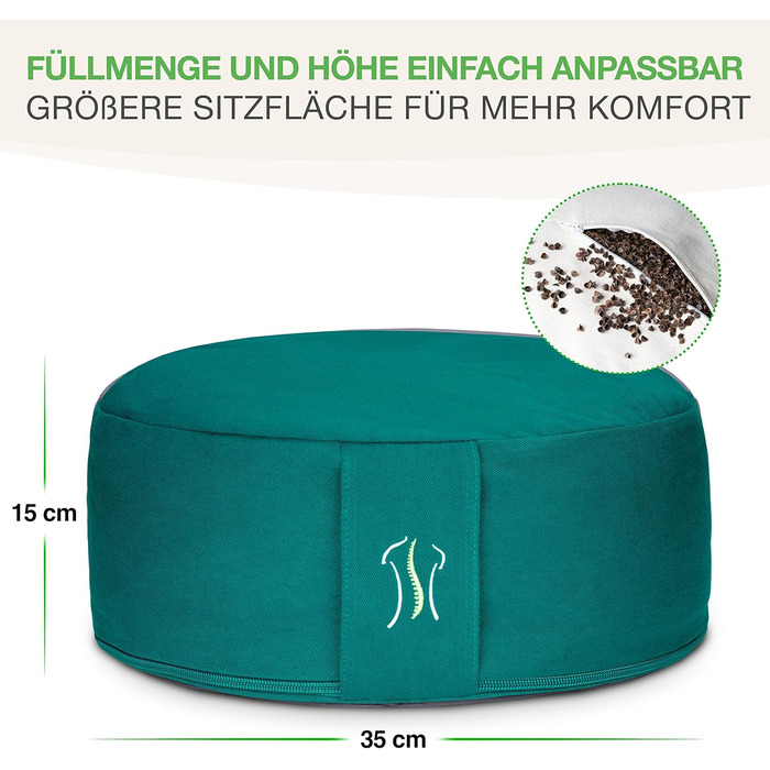 Йога подушка BACKLAXX® для медитації XL, діаметр 35 см, з наповнювачем з гречаної луски, з відеокурсом - пуф для сидіння на підлогу (Смарагдово-зелений)