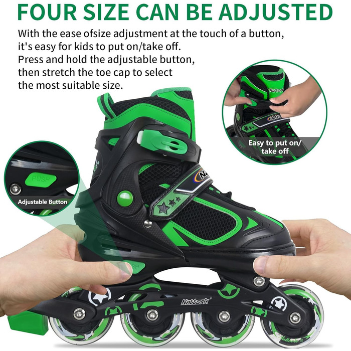 Роликові ковзани Nattork для дітей з підсвічуванням, ролики для катання на вулиці та в приміщенні (37-41, зелені)