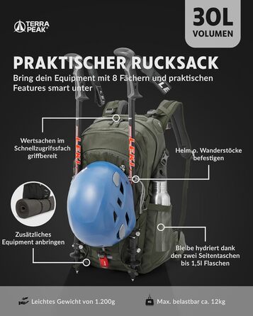 Туристичний рюкзак Terra Peak Flex 30L, з вентиляцією спини, дощовиком і кріпленням для питної системи, середній розмір, 3D Air Mesh, поясний ремінь, преміум якість