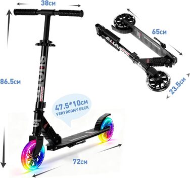Самокат дитячий SUOTU з колесами 145 мм, до 100 кг, світлодіодами, складаний, регульована висота, для хлопчиків та дівчаток, алюмінієвий, чорний