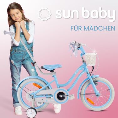 Дівчача дитяча велосипед Sun Baby 12/14/16 дюймів, знімний ручка-штовхач, для дітей 2-6 років (Silver Moon - Блакитний, 16 дюймів)