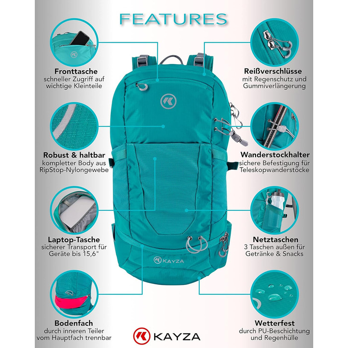 KAYZA PULSE20 – Преміум туристичний рюкзак 20 л з поясом, для жінок і чоловіків, з кріпленням для шолома та дощовиком, Ripstop нейлон, для трекінгу, міста та подорожей