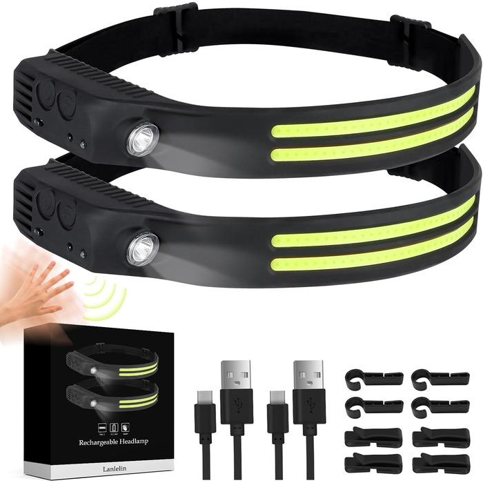 LED налобний ліхтар, 2 шт. з широким кутом огляду 230°, акумулятор 1500mAh, з червоним сигнальним світлом, 5 режимів, водонепроникність IPX4, датчик, для бігу, риболовлі, походів