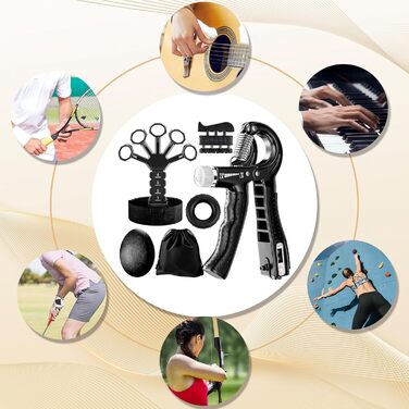 Набір для тренування рук Aurivee (6 шт.) - тренажер сили хвата, п'ятипальцевий тренажер, кільце для тренувань та м'яч для зняття стресу з сумкою