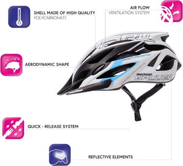 Велошолом meteor® GRUVER для дорослих і дітей, MTB, BMX, скейтборд, самокат, розмір L (58-61 см), білий/чорний/синій