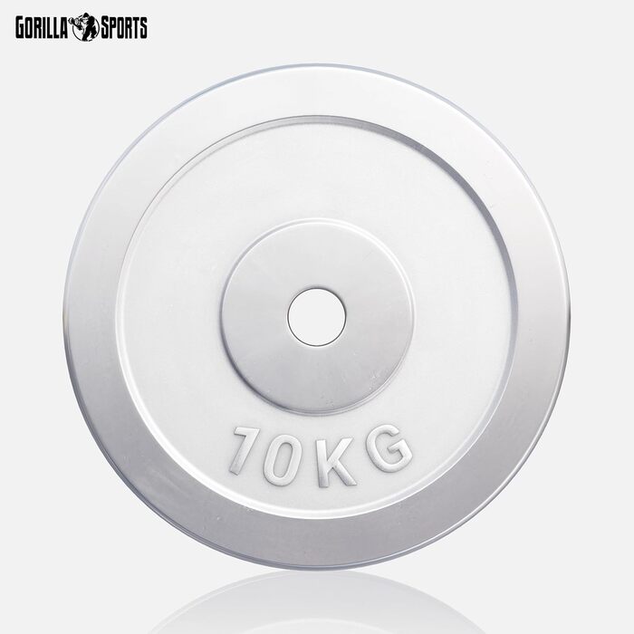 Диск для штанги GORILLA SPORTS 10 кг, чавунний, 30 мм, хромований – вага для штанги та гантелей, фітнес аксесуар