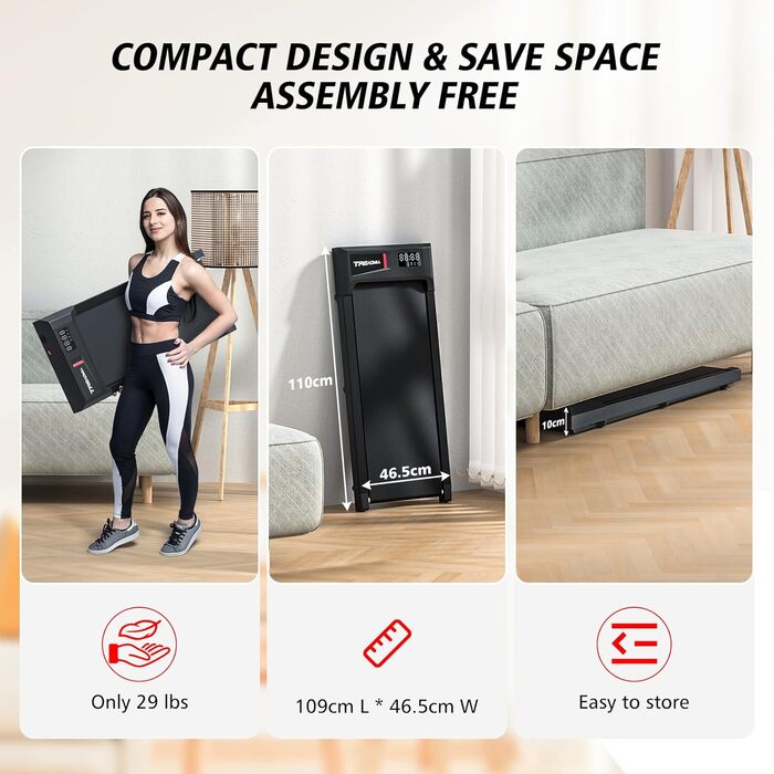 Cardirun Walking Pad: Біговий доріжка з регулюванням нахилу та ручками, 2-в-1 для дому, 2.5HP, до 136KG, портативна з LED-дисплеєм, керуванням через додаток/пульт (Чорний без підлокітників)