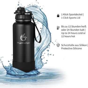 Гідрофляга з нержавіючої сталі hydro2go 950 мл, термос, спортивна пляшка з кришкою, BPA-free, чорна, для спорту та активного відпочинку