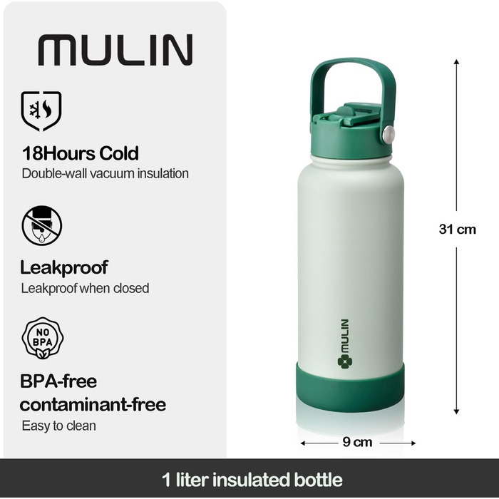 Термобутилка з нержавіючої сталі 1 л, BPA-free, ізольована, з трубочкою, герметична пляшка для води та напоїв з газом, для дітей, спорту та фітнесу
