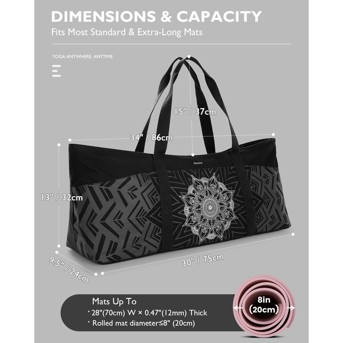 Сумка для йоги Gonex Canvas Extra Large: Водонепроникна спортивна сумка для килимка, блоків та подорожей, Чорна L