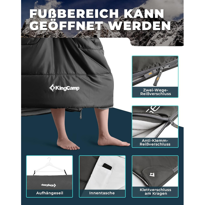 Сплячий мішок KingCamp для двох осіб, зимовий, чорний, для кемпінгу та відпочинку на природі