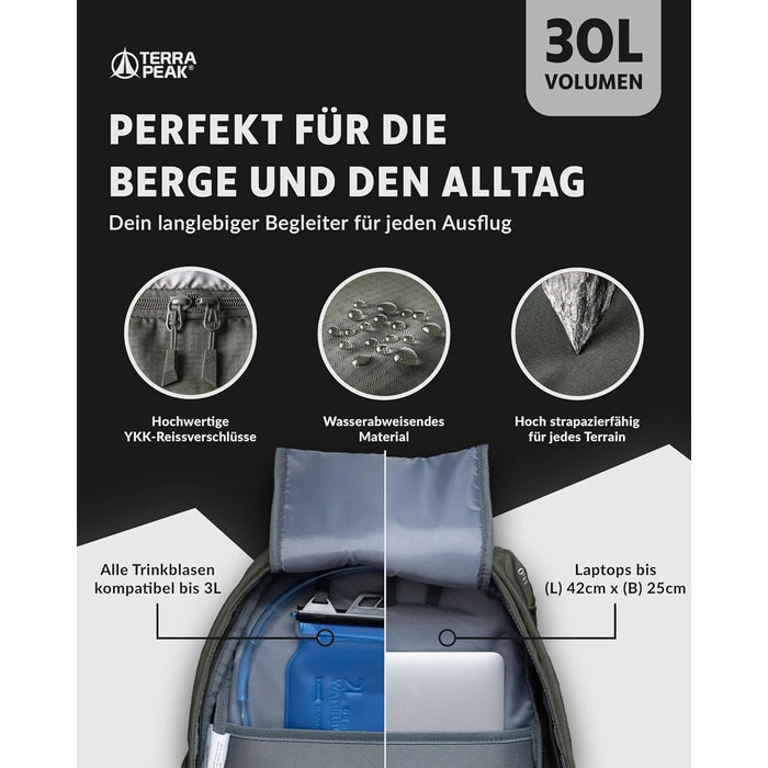 Туристичний рюкзак Terra Peak Flex 30L, з вентиляцією спини, дощовиком і кріпленням для питної системи, середній розмір, 3D Air Mesh, поясний ремінь, преміум якість