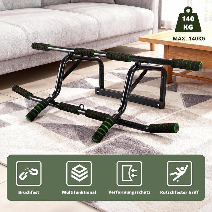 Турнік для дверей Klimmzugstange: турнік для підтягувань без свердління, з м'якими ручками, зелений