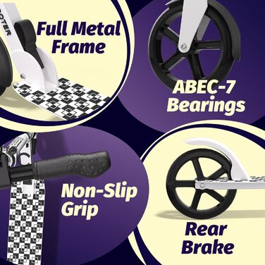 Nattork 8-дюймовий самокат з міцними колесами для підлітків та дорослих - 100 кг, амортизатор переднього колеса та регульоване кермо (білий)