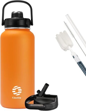 Fjbottle пляшка для води з нержавіючої сталі зі соломинкою 950/1200 мл, 2 кришки, BPA Free, герметична термофляга для спорту, велосипеда, школи, газованої води, фітнесу