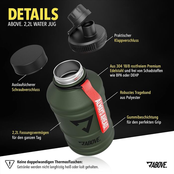Сталева термопляшка ABOVE 2.2 л – BPA-free, без витоку, міцна, з додатковим клапаном для спорту, фітнесу та відпочинку на природі. Якісна подарункова коробка, оливковий колір, 2200 мл