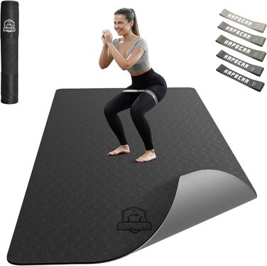 Килимок для йоги HAPBEAR XXL 183x91x0,6 см, TPE, нековзкий, широкий, з еспандерами та сумкою для перенесення