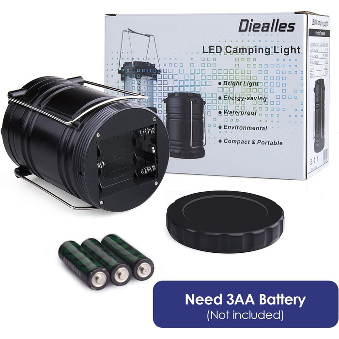 Кемпінгова лампа Diealles, 2 шт. 30 LED, водонепроникна, з гачком, для намету, походів, риболовлі, надзвичайних ситуацій, чорна