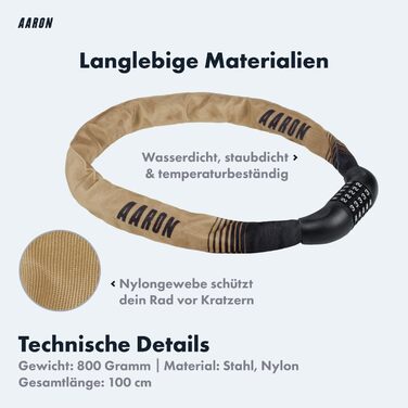 Замок для велосипеда AARON Lock One: стале ланцюговий замок з 5-значним кодом, висока безпека, для E-bike, MTB, Trekking, Tour, Road bike