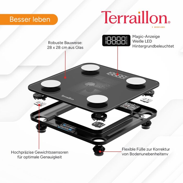 Інтелектуальна вага TERRAILLON WEIGHT CONNECT з Bluetooth, аналіз складу тіла (жир, м'язи, вода, кістки), BMI, ємність 180 кг, шкала 50 г, LED-дисплей, скляна платформа, чорний колір