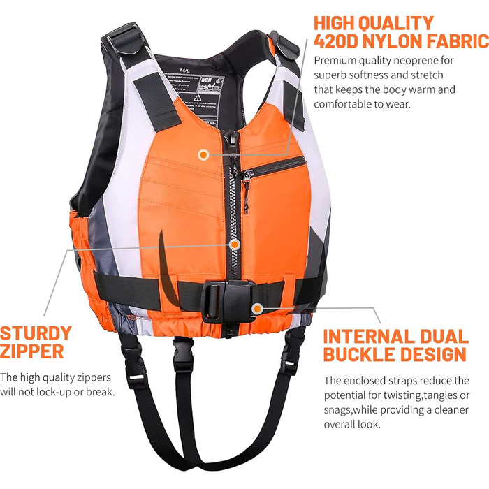 Спасальний жилет Zeraty для дорослих XL/XXL, помаранчевий. Підходить для риболовлі, вітрильного спорту, серфінгу, катання на човні та каяках.