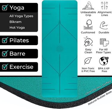 Йога-мат Plyopic Ultra-Grip Pro+ з розміткою, антиковзкий, комфортний, стійкий до поту, для йоги, пілатесу, бікрам та хот-йоги