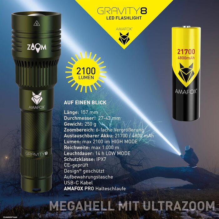 Ліхтар тактичний AMAFOX G8 Megabeam LED - 2100 люмен, 21700 mAh, USB-C, військовий зелений, модель 2025