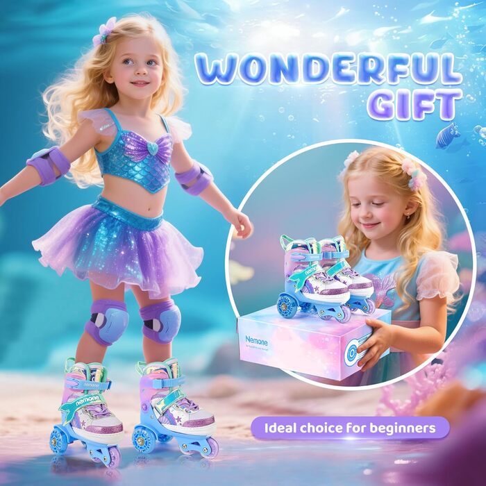 Дитячі ролики Nemone для дівчаток, блакитно-фіолетові, 4 розміри, регульовані, для катання в приміщенні та на вулиці