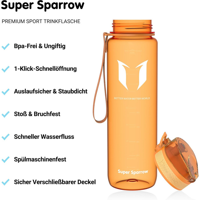 Фляга для води Super Sparrow - Tritan, 350/500/750/1000 мл, без BPA - спортивна, для фітнесу, велосипеда, університету, подорожей, легка, екологічна (1000 мл, світло-жовта)