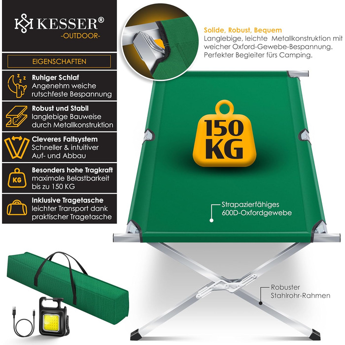 Кемпінгове ліжко KESSER® розкладне, 190/210 см, з сумкою, ліхтарем та кишенею, сталевий каркас, 150 кг, 600D Oxford