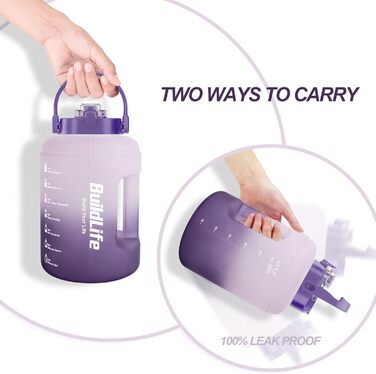 Спортивна пляшка BuildLife 2,5 л з мітками часу та двома кришками - без BPA - для спортзалу (2500 мл, фіолетовий)