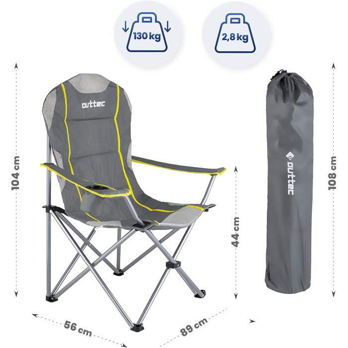 Зручний складаний стул для кемпінгу Outtec: 130 кг, висока спинка, підсклянник, сумка, зелений (сірий)