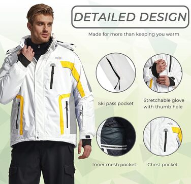 Водонепроникна лижна куртка Wantdo для чоловіків, спортивний мантель для активного відпочинку, тепла зимова куртка для гірських прогулянок, білий+червоний (M, білий+жовтий)