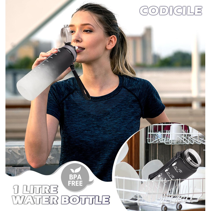 Водна пляшка CodiCile 1л зі трубочкою, спортивна, з маркуванням часу, чорно-сіра