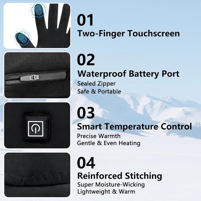 Гріючі рукавички ComfortPlus 2.0 - чорні, з акумулятором 7.4V 2200mAh, сенсорний екран, M-L