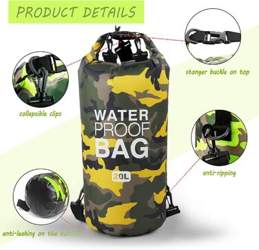 Водонепроникний мішок Dry Bag 10L/20L з регульованим плечовим ременем для плавання, рафтингу, кемпінгу, риболовлі, катання на човні, піших прогулянок та каякінгу (Жовтий)