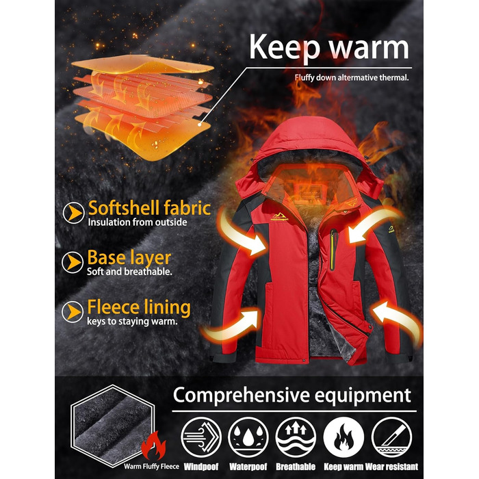 TACVASEN чоловіча тепла зимова куртка з капюшоном, водонепроникна, червона