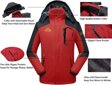 Чоловіча зимова куртка EKLENTSON: водонепроникна, вітронепроникна, з підкладкою, для туризму та активного відпочинку, 4 кишені, червона