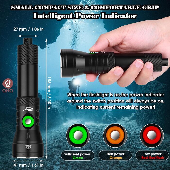 Ліхтар налобний QHQ Tauch з регулюванням яскравості, 2000 люмен, алюмінієвий корпус, IPX8, водонепроникний до 100 м, з акумулятором та зарядним пристроєм