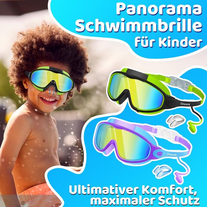 Дитячі окуляри для плавання Vvinca з носовими затискачами, широким кутом огляду, захистом від запотівання та УФ-фільтром, водонепроникні, для дітей 3-14 років (хлопчики та дівчатка)