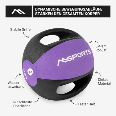 Медичний м'яч з ручками MSPORTS Premium 6 кг, ліловий, професійна якість для фітнесу та реабілітації