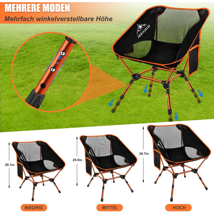 Складний туристичний стілець IEEILULU, 130 кг, для кемпінгу, пікніків, риболовлі, відпочинку на природі та подорожей. Оранжевий колір