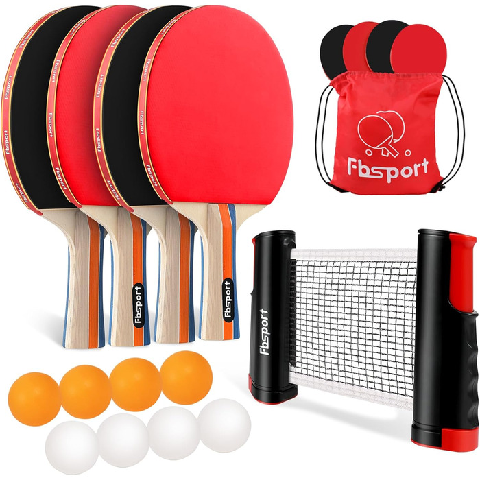 Набір для пінг-понгу FBSPORT: 4 ракетки, 8 м'ячів, сітка та сумка. Підходить для гри в приміщенні та на вулиці